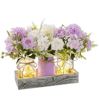 Imagem de Flores artificiais de hortênsia primavera em potes de vidro com bandeja de madeira rústica – decoração de mesa floral roxa e branca, arranjo de hortênsia sintética para mesa de café, mesa de jantar e