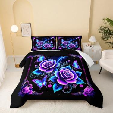 Imagem de QOOMO Conjunto de cama solteiro com estampa de borboleta, para decoração de quarto de meninos, meninas e adolescentes, macio e leve para todas as estações, 1 edredom e 2 fronhas