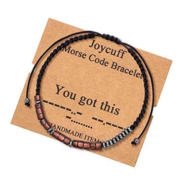 Imagem de Pulseira Morse Code para casais, mulheres e homens, cordão ajustável, gravada, combinando, conjunto de 2 peças, mensagem secreta de madeira com cartão de cordão, divertido para amigas, Ohana, Dia das Mães, Dia dos Namorados, Natal, aniversário, formatura, Nylon, Sem pedras preciosas
