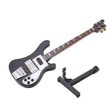 Imagem de Baixo em miniatura, baixo em miniatura preto réplica de guitarra em miniatura com suporte e estojo ornamentos de modelo de instrumento presente para ser colocado na estante, mesa, ao lado da mesa e