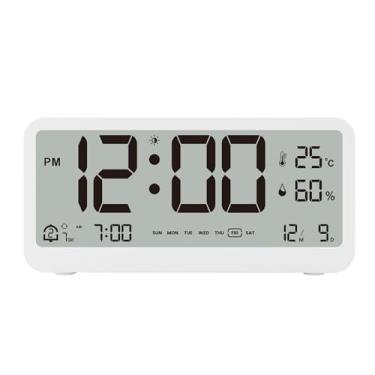 Imagem de Relógio Digital Multifuncional 8001-EN com Brilho de LED Ajustável Display Temperatura e Umidade Modos Duas Alarmes Semana Data Mês Formato 12 24H Função Modo Luz Noturna Calendário Perpétuo até o Ano