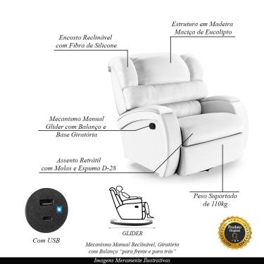 Imagem de Poltrona do Papai Sala de Cinema Reclinável Kylie Glider Manual Giratória USB PU Branco G23