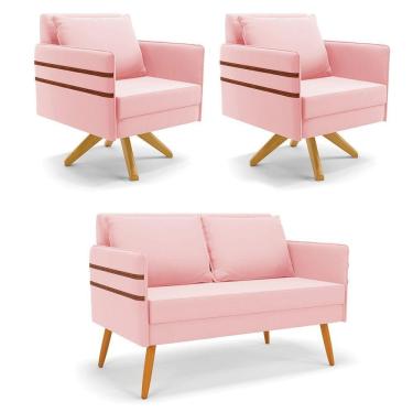 Imagem de Kit 01 Namoradeira 02 Lugares E 02 Poltronas Mari Suede Rosa Bebê Base De Madeira Ma30 - D'Rossi