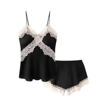 Imagem de Conjunto De Pijama Em Cetim Preto Com Renda Para Mulheres, Top Cami Se