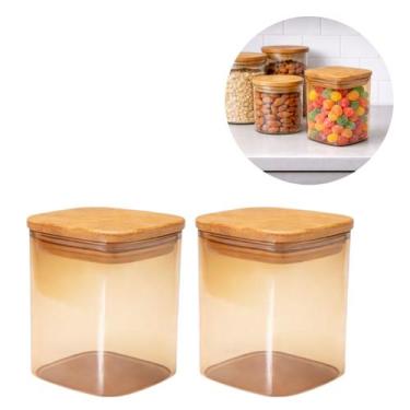 Imagem de 2 Potes de Vidro Âmbar Tampa Madeira Ideal Cozinha Gourmet - Freecom