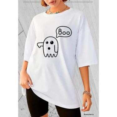 Imagem de Camiseta Oversized Feminina 100 Algodão Gola Redonda Estampa Boo Fantasma Streetwear-Feminino