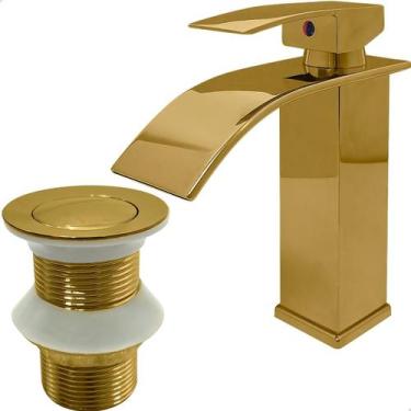 Imagem de Kit Banheiro Torneira Dourada Monocomando Agua Quente Fria Bica Baixa 