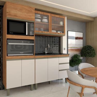 Imagem de Cozinha Compacta Modulada 7 Portas 3 Gavetas com Vidro Freijó/Off White - Panorama Móveis