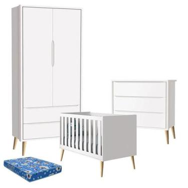 Imagem de Quarto de Bebê Theo 2 Portas com Colchão e Cômoda Gaveteiro Branco Ace