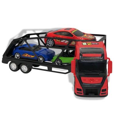 Imagem de Caminhão Cegonheira Grande de Brinquedo com 3 Carrinhos Coloridos Vermelho Bs Toys