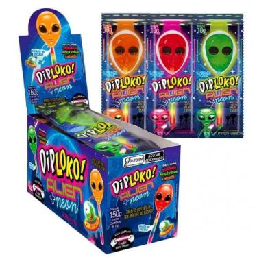 Imagem de Pirulito Brilha no Escuro Diploko Neon Alien 15 Unidades 10g