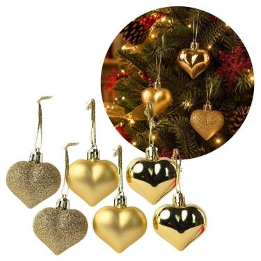 Imagem de Kit 6 Pingentes Coração Natalinos Dourado Glitter Fosco e Brilho Yangzi