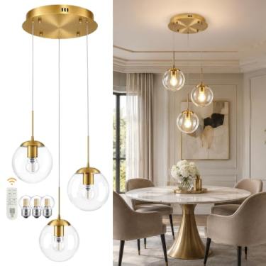 Imagem de KoKo&Yukina 3 Lustres De Vidro Globo De Luz Moderna Dourada Transparente Lustre De Vidro Globo Comprimento Ajustável Luminárias Pendentes Luz De Teto Alto Para Hall Corredor Sala De Jantar