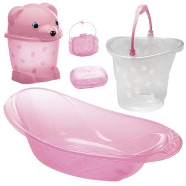 Imagem de Kit Banheira do bebê 5 Peças Adoleta Banheira 20l Lixeira Balde, Rosa 
