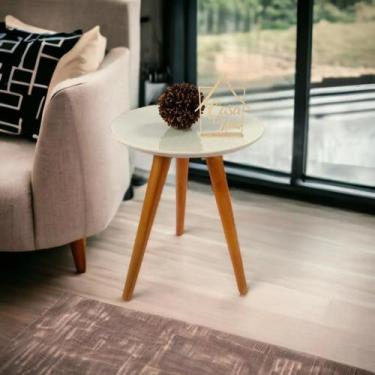 Imagem de Mesa Lateral Redonda com Vidro MDF Off White Pés em Madeira Maciça 50x