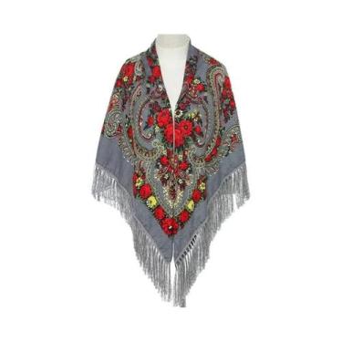 Imagem de Lenço Feminino Retrô De Algodão Estampado Com Franjas 51x51in, Xale, H