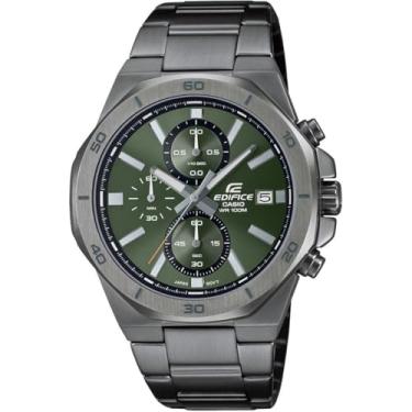 Imagem de Casio Relógio masculino Edifice EFV-640DC-3AVUDF mostrador analógico verde cinza banhado a íon pulseira de aço inoxidável cronógrafo 100 m resistente à água ED586, Verde, Clássico