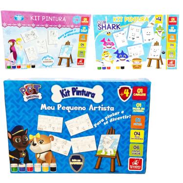 Imagem de Kit Pintura Infantil Cavalete, paleta, telas, pincel e tinta Club Shark Princesa do Gelo Unicórnio e Pets