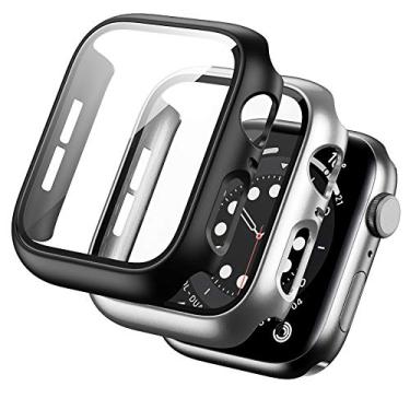Imagem de BHARVEST Pacote com 2 capas rígidas para PC compatível com Apple Watch SE 2022/Series 6/5/4/SE 40 mm, capa com protetor de tela de vidro temperado em geral capa sem bolhas para acessórios iWatch, preto + prata