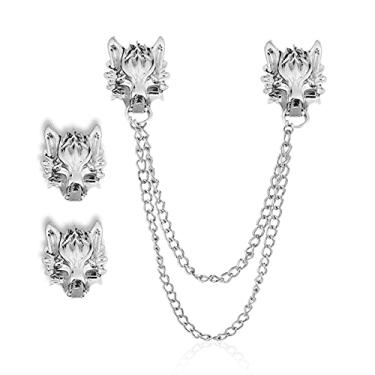 Imagem de Broche de corrente longa de cabeça de lobo punk 2 peças broche de borla de corrente de prata ouro, broche de casaco de gola de cabeça de animal legal para ternos masculinos broche de camisa, Metal, Liga metálica.