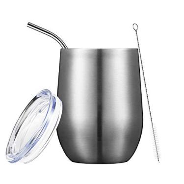 Imagem de COMOOO Copo de vinho de 340 g com tampa e canudo, copo de vinho sem haste de aço inoxidável, copo de vinho isolado a vácuo de parede dupla para vinho, café, sorvete, champanhe, prata