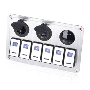 Imagem de Painel de interruptor basculante de alumínio de 6 entradas, luz de LED azul de 5 pinos 4,2 A porta de carregador USB dupla liga de alumínio DC12V-24V para barco, carro, marinho, RVs, ATV UTV