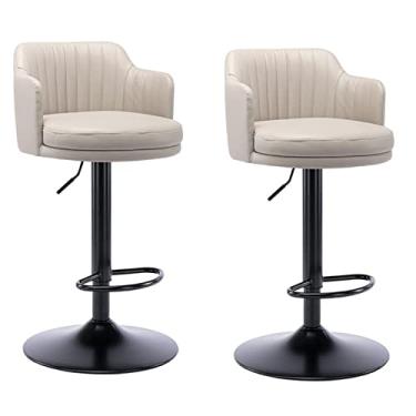 Imagem de Cadeira de Bar Moderna com Encosto, Banco de Bar Giratório Ajustável Conjunto de 2, Cadeira de Bar de Ilha de Cozinha, Armação de Metal Preto de Couro de Altura de Balcão Assento Estofado Redondo