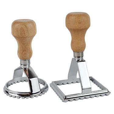 Imagem de Conjunto de carimbos de cortador de Ravioli da Hicook, máscara Ravioli de forma redonda e quadrada – prensador de alumínio grande com alça de madeira e borda flautada, conjunto com 2