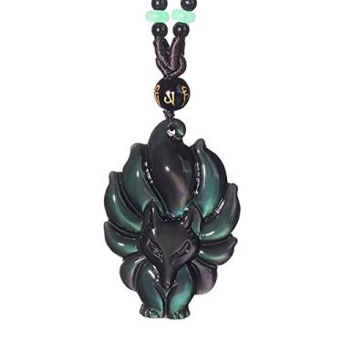 Imagem de Yajun Colar de raposa obsidiana natural olho de arco-íris animal raposa de nove caudas colorido masculino feminino pingente de joia