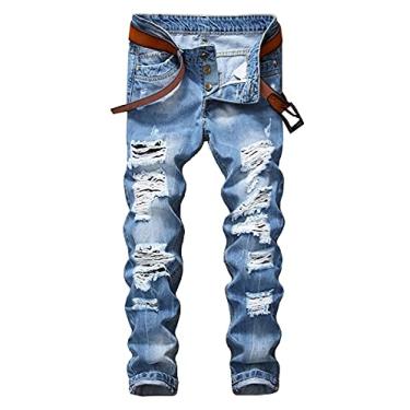 Imagem de Calça jeans masculina Enrica skinny rasgada desgastada corte reto, Reta, Light Blue, 36