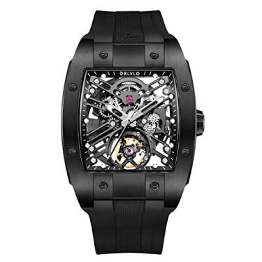 Imagem de OBLVLO Marca de luxo Relógio masculino esportivo Quadrado Tonneau Esqueleto Aço Fibra de carbono Relógio mecânico automático Pulseira de borracha Relógios EM-ST (EM-ST-BBB)