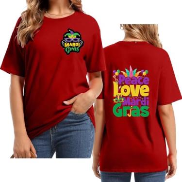 Imagem de UIFLQXX Peace Love Mardi Camiseta feminina com estampa de letras, gola redonda, manga curta, plus size, roupas casuais divertidas Carnaval, Vermelho, G