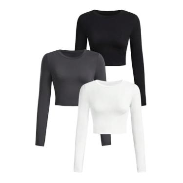 Imagem de Floerns Camisetas femininas de manga comprida, 3 peças, casual, malha canelada e gola redonda, Preto, cinza, branco, G
