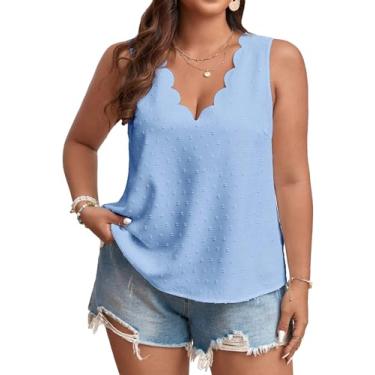 Imagem de SweatyRocks Camiseta regata feminina plus size com decote em V sem mangas com pontos suíços colete simples blusas de chiffon, Azul, GG Plus Size