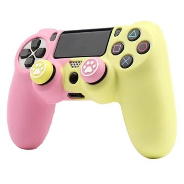 Imagem de RALAN Capa protetora de silicone para PS4 para controle de cor dupla rosa e amarela, compatível com controles Playstation 4/PS4 Slim/PS4 Pro com 2 tampas de aperto de polegar.