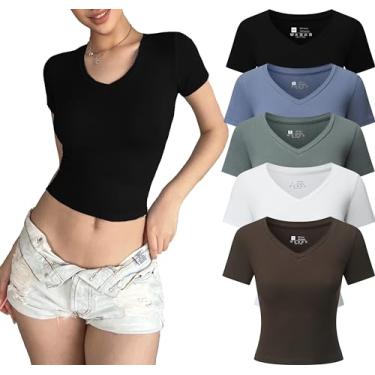 Imagem de VPF Pacote com 5 camisetas cropped de manga curta para mulheres, gola V, básicas, elásticas, justas, cropped, 5 peças: preto/branco/café/azul/verde, XXG