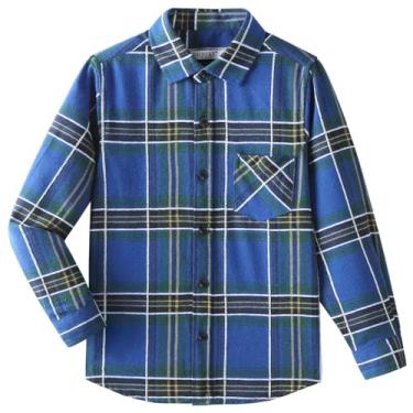 Imagem de DILBYKE Camisa masculina de botão de manga comprida casual xadrez para crianças, algodão macio, Royala, 13-14 Anos