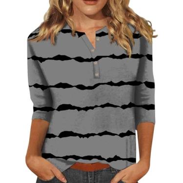 Imagem de Camiseta feminina manga três quartos listrada Henley folgada túnica verão roupas de treino, 2 - Cinza, M