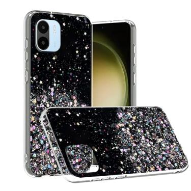 Imagem de Compatível com Redmi A1 Capa com glitter verde transparente, capa para celular Xiaomi Redmi A2 silicone transparente TPU macio mulheres meninas à prova de choque capa fina (preta)