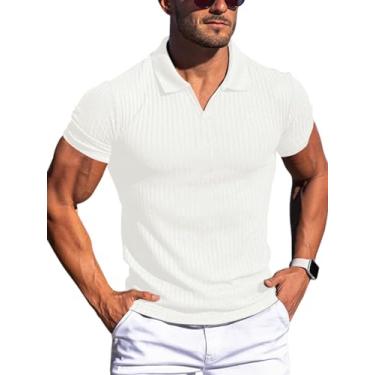 Imagem de YKR Camisa polo masculina gola V slim fit manga curta camiseta de golfe malha canelada macia stretch, Branco, P