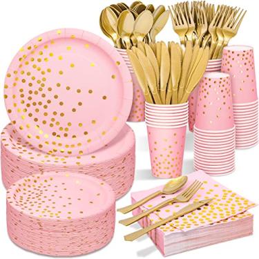 Imagem de Tiblue Conjunto de utensílios de jantar descartáveis rosa e dourado, 350 peças, pratos de papel rosa, copos, garfos de plástico dourado, facas, colher para formatura, aniversário, chá de bebê,