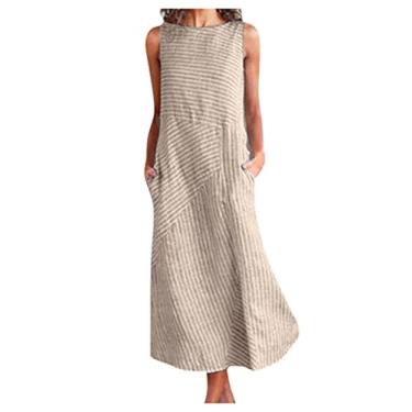 Imagem de Dawwoti Vestido midi feminino de linho de algodão sem mangas, gola redonda, vestido longo listrado, Caqui, XXG