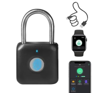 Imagem de Cadeado de impressão digital, aplicativo de relógio de telefone, trava de armário: cadeado sem chave eLinkSmart cadeado com combinação - controle remoto Bluetooth de metal preto para armário mochila