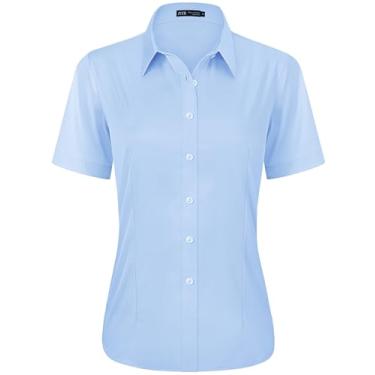 Imagem de J.VER Camisa social feminina casual elástica de manga curta fácil de cuidar, Azul claro, M