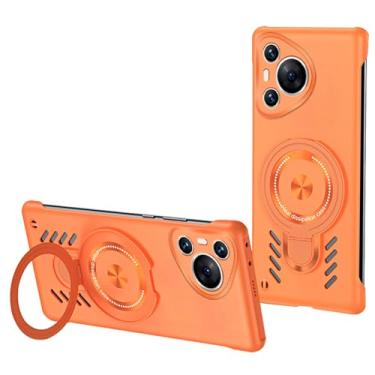 Imagem de LTLMYDAM Capa com suporte para Huawei Pura 70 Ultra/70 Pro/70 Pro+/70, capa de policarbonato com dissipação de calor traseira oca com suporte de anel de sucção magnética de veículo, laranja, 70