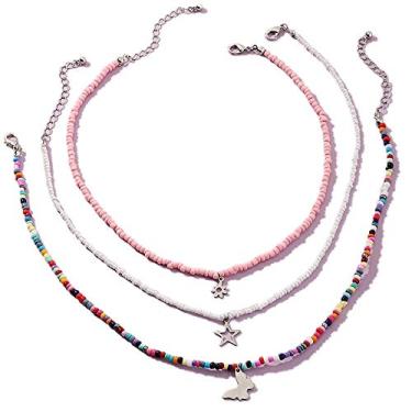 Imagem de Colar feito à mão, multicamadas, arco-íris, contas coloridas, corrente de elos, lua, estrela, borboleta, pingente, gargantilha, amizade, criativa, praia, bijuteria para mulheres, Metal, Miçangas