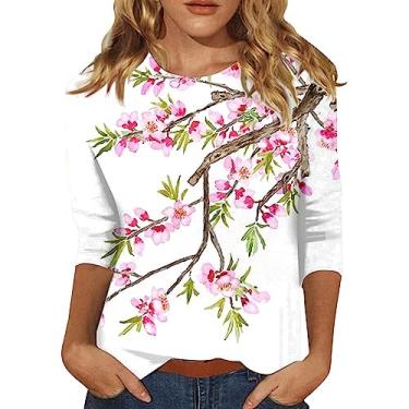 Imagem de Blusas femininas de outono manga 3/4 blusa floral étnica de verão lindas camisetas básicas estampadas camisetas para sair 2024, rosa, G