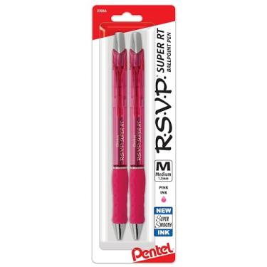 Imagem de Pentel Caneta esferográfica RSVP Super RT, linha média, tinta rosa, pacote com 2 (BX480BP2P)