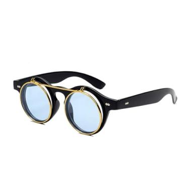 Imagem de Moda redonda steampunk flip up óculos de sol masculino feminino vintage camada lente clássico óculos de sol uv400, preto azul, um tamanho
