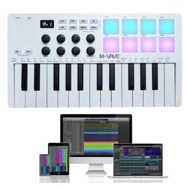 Imagem de M-VAVE Teclado controlador 25 teclas USB MIDI com 8 pads de bateria retroiluminados, teclado dinâmico profissional semipesado Bluetooth, 8 botões e produção musical, software incluído (branco)